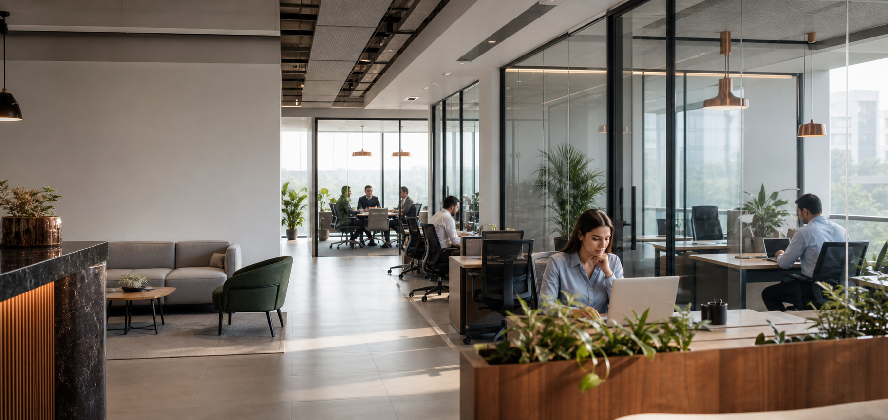 Premium coworking interior at ALPC Coworking, Gurugram — glass cabins, dedicated desks and breakout lounge